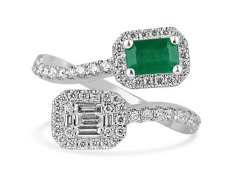 1.51tcw 14K Dark Vivid Green Emerald Cut Emerald & Brilliant Round, Baguette Cut Diamond Toi et Moi White Gold Ring, Bypass Shank Ring