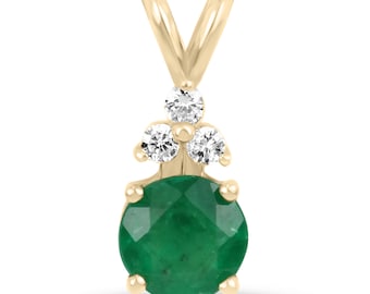 1.35tcw  Emerald Necklace, Natural Emerald Diamond Pendant, Round Emerald 14K Gold Pendant, Natural Round Emerald Necklace, Emerald Diamond