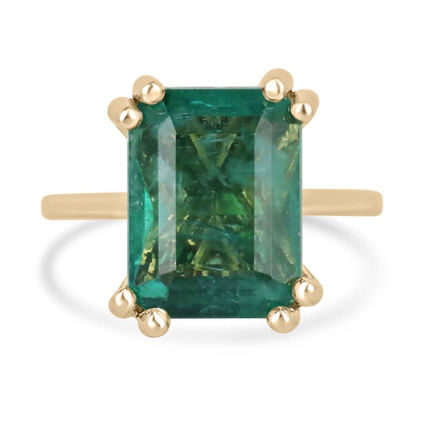 7.35ct 14K Large Natural Emerald Cut Emerald Solitaire Ring, Lush Green Emerald Set in Chunky Double Claw Prongs, Right Hand Emerald Ring