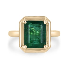 4.40ct 18K Emerald Cut Emerald Solitaire Gold Ring, Emerald Four Prong Right Hand Ring, Bezel May Emerald Solitaire Ring in Gold