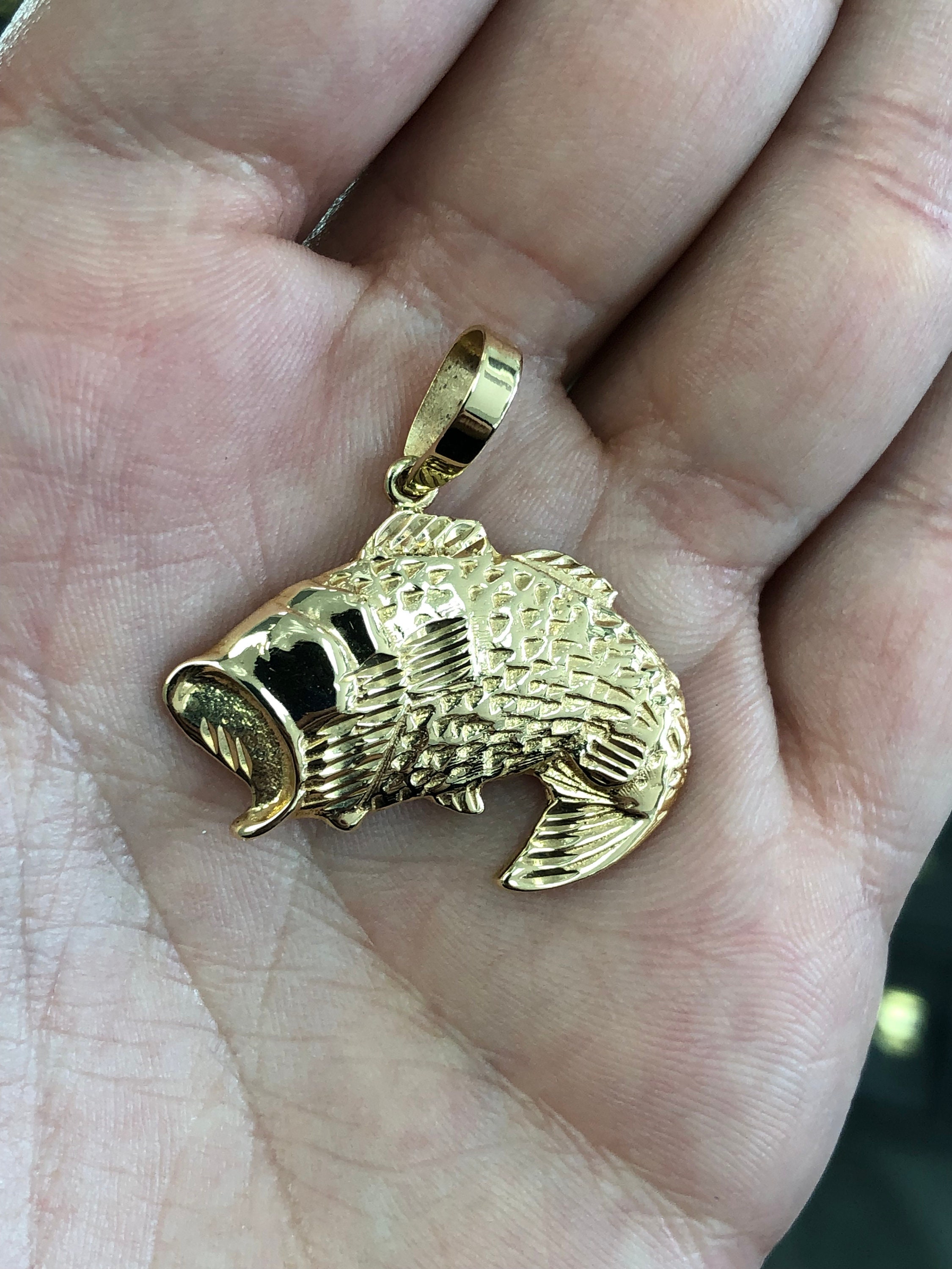 Bass Gold Fish Pendant, Gold Fish Pendant 14K, Fresh Water Fish Pendant, Bass Fish Charm Yellow Gold, Bass Fish Pendant 14K