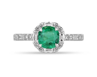 1.55tcw 14K Vivid Cushion Colombian Emerald & Diamond Halo Ring, Medium Vivid Green Emerald, Round Baguette Diamond Halo Engagement Ring 585