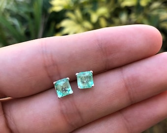 2.0tcw Emerald Earrings, Rich green Emerald Stud Earrings,Emerald Cut Emerald Sterling Silver Studs,May Birthstone,Natural Emerald Cut Studs