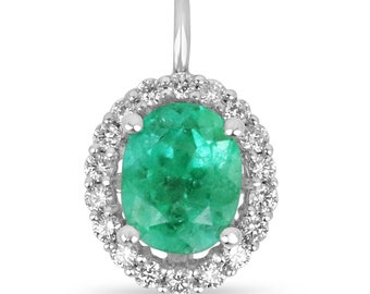 3.25tcw 14K Colombian Emerald-Oval Cut & Diamond Halo Gold Pendant, Vivacious Spring Green Emerald White Gold 14K Necklace, Round Diamond