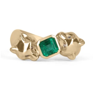 0.77tcw 14K Square Emerald & Diamond Panther Gold Ring, Panther Emerald Gold Ring, 14K Gold Emerald Diamond Panther Cat Statement Ring