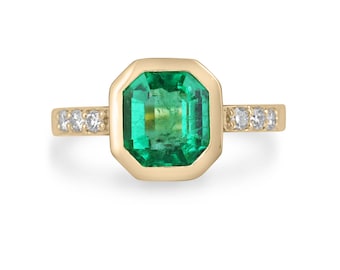 2.47tcw 18K Fine Quality Colombian Emerald & Diamond Accent Ring, Vivid Rich Green Emerald Cut Emerald Engagement Ring Bezel Set 750 Gold