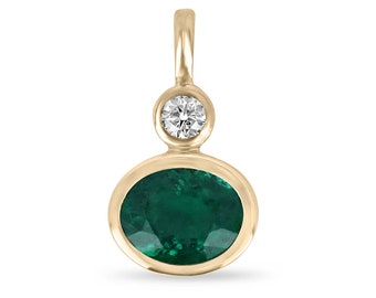 3.70tcw 14K Natural Rich Dark Green Oval Emerald & Brilliant Round Diamond Accent Pendant, Emerald Diamond Bezel Set Modern Pendant Necklace