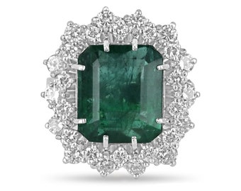 10.40tcw PLAT Natural Vintage Emerald Cut Emerald & Diamond Halo Ring, Dark Deep Sea Green Emerald Set in 8 Prong, Double Diamond Halo Ring