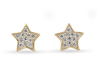 14K Natural Diamond Flat Star Stud Earrings, Solid Gold Star Diamond Studs, Trendy Screwback Star Earrings, Dainty Gold Star Earring Pair