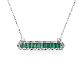 1.02tcw 14K Natural Emerald Cut Emerald & Diamond Halo Bar Pendant Necklace in White Gold, Channel Set Lush Green Emeralds, Diamond Accent