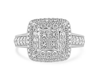 1.17tcw 14K Natural Princess Cut & Brilliant Round Cut Cluster Diamond White Gold Engagement Ring, Double Diamond Halo and Shank Pave Set