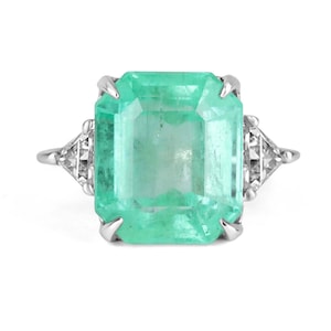 9.41tcw 18K Three Stone Emerald Cut Colombian Emerald & Trillion Diamond Ring, 18K Emerald Diamond Ring, Emerald Diamond 3 Stone Ring