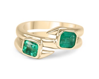 2.50tcw Double Bezel Set Natural Green Emerald, 2 Stone Square Cut Colombian Emerald Ring, Gold Coil Ring, Emerald Cuff Bypass Ring 14K