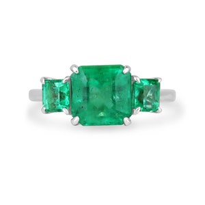 3.37tcw 18K Vivid Colombian Emerald Trilogy Ring, Asscher Cut Emerald Three Stone Engagement Ring, Prong Set Emerald Right Hand Ring 750