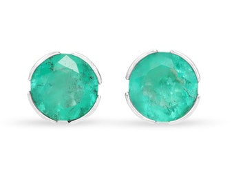 1.40tcw Emerald Earrings, Colombian Emerald Stud Earrings Round Brilliant Cut, Sterling Silver Earrings,Round Emerald Studs, 6mm Bezel Studs