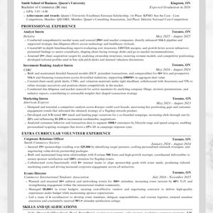 May include: A professional resume with sections for education, experience, and skills. The resume includes contact information, a list of achievements, and details of internships and volunteer work. The document is printed on white paper.