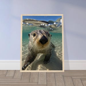 Adorable Otter Underwater Wall Art – Cute Animal Photography Print – Premium Framed Poster – Beach Wildlife Decor for Animal Lovers