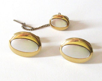 Anson Goldfilled Oval Cuff Links and Tie Tack Set, 1960s Mixed Metal Gold and Silver, Elegant Mens Jewelry Accessory
