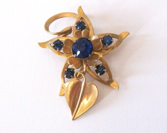 Rhinestone Star Flower Dual Pin/Pendant Sapphire Blue Stones Goldtone Floral 40s to 50s Pendant Brooch