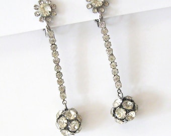 Rhinestone Ball Drop Long Earrings, Flower Clip Ons, Prong Set in Silvertone, 1960s