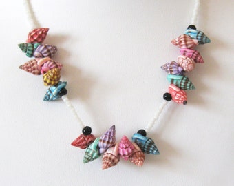 Vintage Tropical Shell Necklace, Bright Pastel Colors with Tiny White Shell Beads, Black Accents