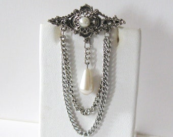 Victorian Revival Bar Brooch Pin with Faux White Pearl Dangle, Black Enamel on Oxidized Silvertone, Double Chains