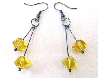 Yellow Glass Cube Earrings, Upcycled Vintage Beads, Dark Gray Metal, Modern Art Deco, One of a Kind