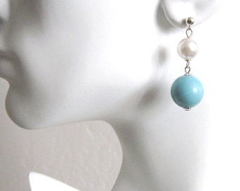 Upcycled Vintage Bead Earrings, 1950s Aqua Blue, White Pearl, MidCentury Beads, Hypoallergenic Post Earrings No Nickel