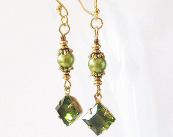 Peridot Green Glass and Pearl Earrings, Upcycled Vintage Rhinestones Goldtone Dangle Earrings
