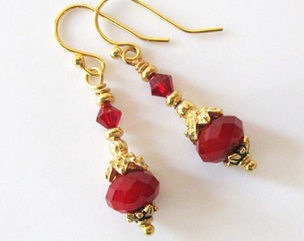 Ruby Red Crystal Earrings with Upcycled Vintage Gold Bead Caps, Repurposed Vintage Component Jewelry