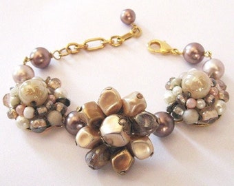 Upcycled Bracelet made from Vintage Earrings, Neutral Cafe au Lait, Repurposed Vintage Pearls and Beads, Eco Friendly, Adjustable