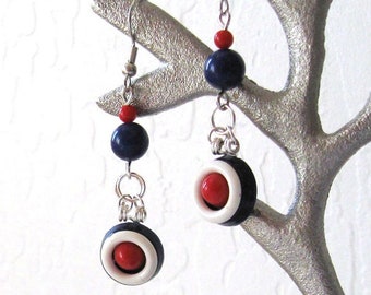 Red White & Blue Repurposed Vintage Art Deco Button Earrings, Nautical Dangles, Patriotic Earrings, Nickel Free Hooks or Sterling Options