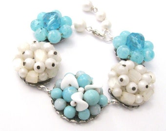 Upcycled Bracelet of Vintage Cluster Earrings, Aqua Blue and Cream Beads, One of a Kind Retro Bracelet, Adjustable 6.5 to 7.5 Inches