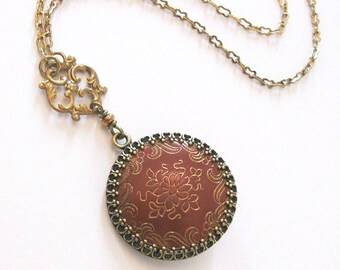 Red Orange Gold Floral Antique Button Pendant Necklace, Filigree Setting, Upcycled Vintage China Button, Adjustable Length