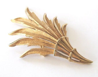 Crown Trifari Leaf Brooch, Gold Tone 1960s Mid Century Modern Leafy Frond Pin, Designer Signed