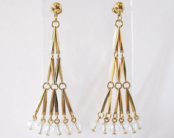 Crystal Bead Long Gold Dangling Vintage Post Earrings Signed AVON, Modern Art Deco, Intricate Expansion Design