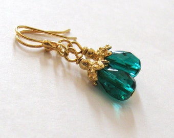 Emerald Green Upcycled Earrings, Vintage Glass Teardrops with Vtg Bead Caps, and new Goldplated Hooks, Eco Friendly Jewelry