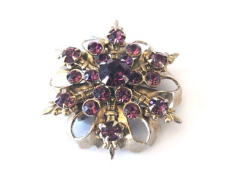 Purple Rhinestone Dual Brooch and Pendant, 1940s Multi Layer Snowflake or Flower Pin, Fleur de Lis motif, Convertible Jewelry