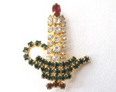 Vintage Rhinestone Candle Brooch, Christmas, Red Green White RS in Gold Tone