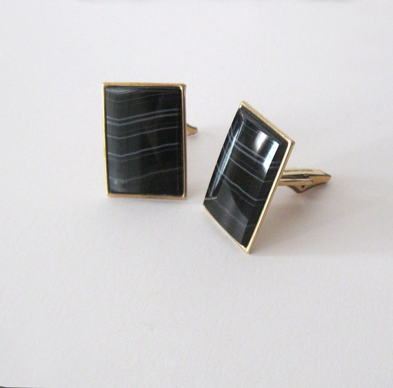 Black Banded Agate Gold Filled Cuff Links Signed … - image 1