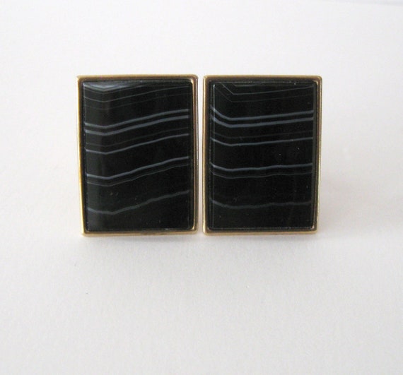 Black Banded Agate Gold Filled Cuff Links Signed … - image 2