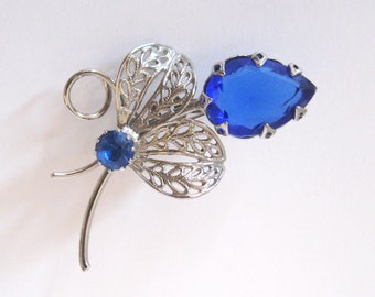 Blue Sapphire Glass Rhinestone Flower Bud Brooch, Rhodium Plated Silver Tone Mid Century Pin