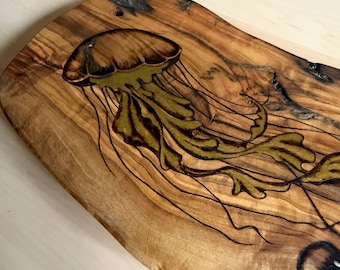 Jellyfish Pyrography on Olive Wood | Original Ocean Wall Art | Gold & Platinum Details