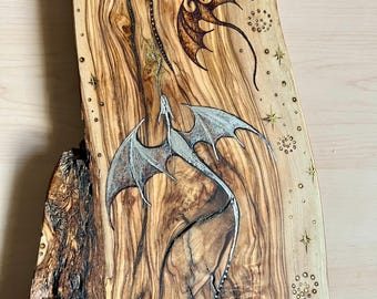 Olive Wood Dragon Wall Art | Hand Burned Pyrography | Fantasy Dragon Artwork