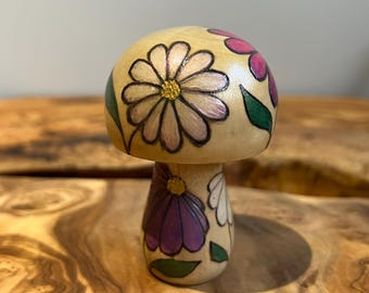 Hand Painted Wooden Mushroom | Floral Pyrography Ornament | Iridescent Woodland Décor | Unique Nature Gift