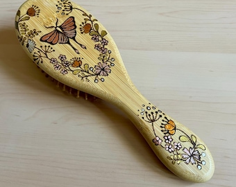 Hand Decorated Bamboo Hair Brush | Butterfly & Wildflower Pyrography | Floral Wooden Hairbrush | Nature Inspired Gift