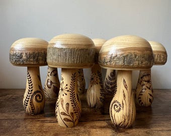 Large Decorative Wooden Mushroom Ornament | Pyrography Botanical Décor | Handmade in the UK