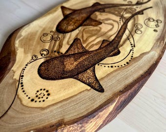 Hand Burned Shark Pyrography Art – Olive Wood Ocean Wildlife Wall Decor