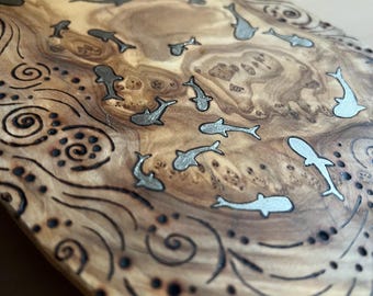 Olive Wood Wall Art | Silver Fish Shoal Pyrography Sculpture | Ocean Inspired Artwork