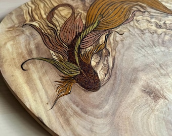 Koi Pyrography Artwork on Olive Wood Heart | Hand-Burned Nature Wall Art